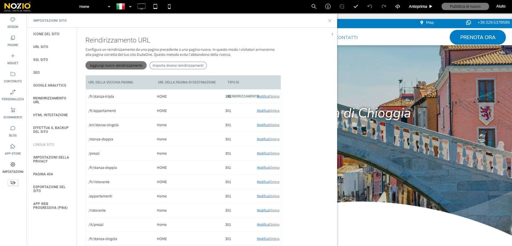 Interfaccia della pagina web con un elenco di elementi e un'immagine di un ponte.