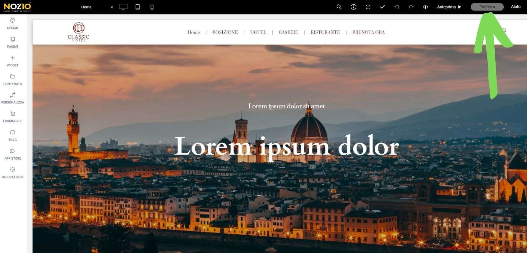 Homepage del sito web con sfondo urbano e pulsante di accesso.