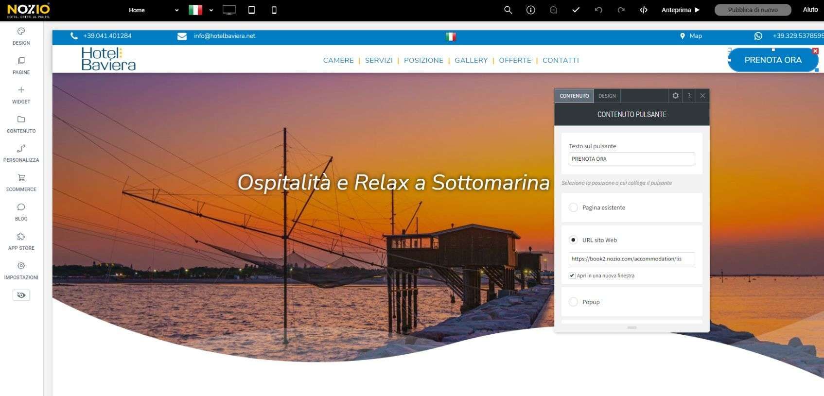 Interfaccia del sito web con un menu a discesa aperto che mostra le opzioni di modifica.