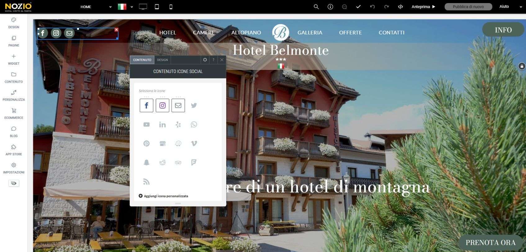 Schermata del sito web dell'Hotel Belvedere con un menu scuro, che mostra le opzioni di modifica sopra l'immagine principale.