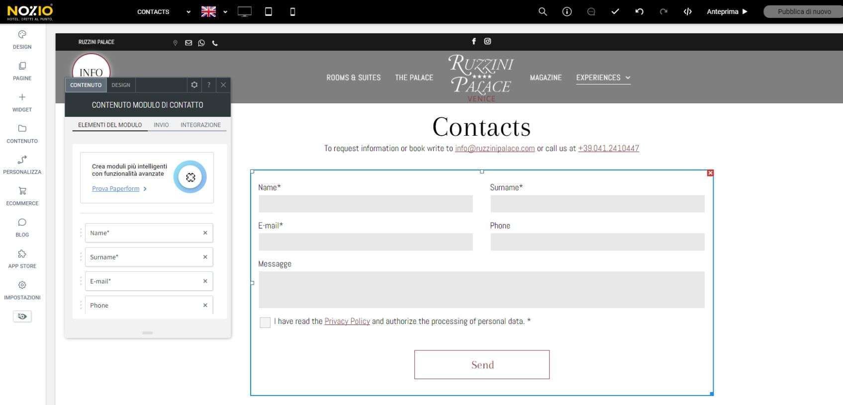Modulo del sito web per informazioni di contatto.