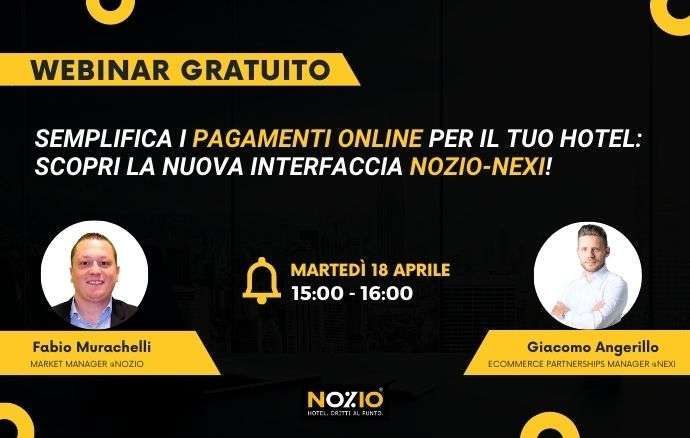 Webinar che promuove la semplificazione dei pagamenti online per gli hotel, con relatori e un logo.