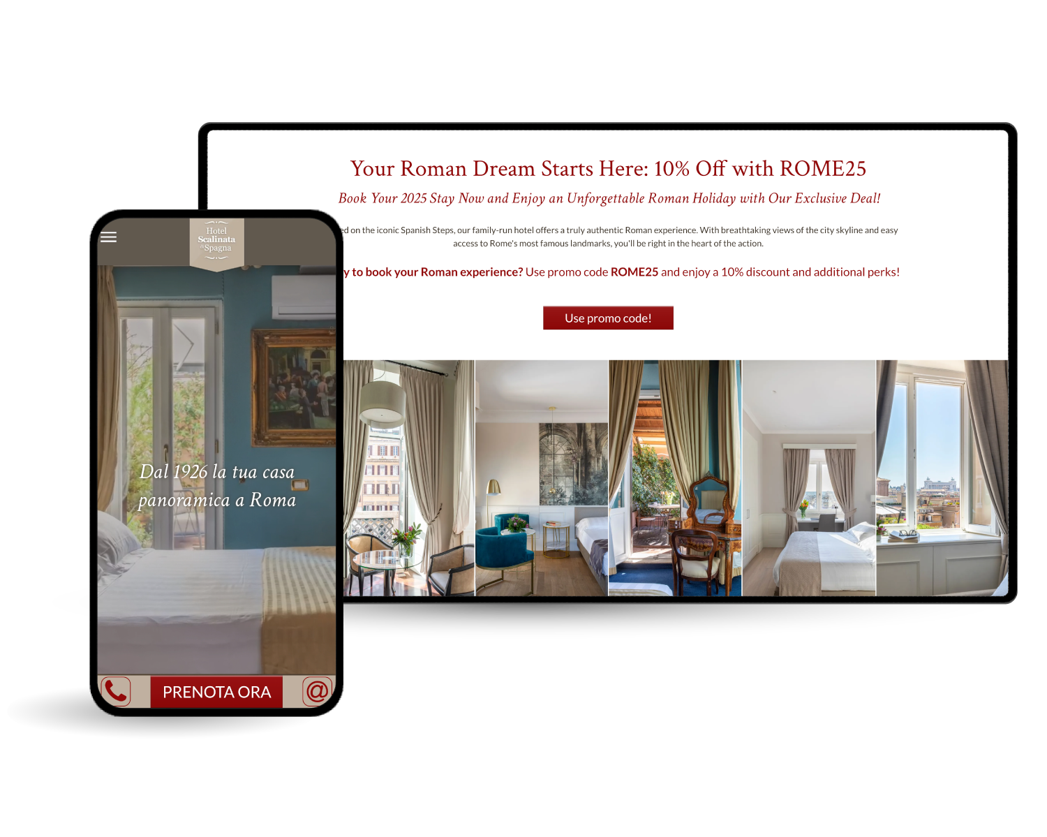 Un telefono e un tablet che mostrano una camera d'albergo con un'offerta del 10% di sconto con il codice ROMES.