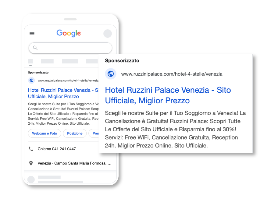 Screenshot di un risultato di ricerca di Google per un hotel a Venezia, Italia, con una pubblicità di Brand Protection.