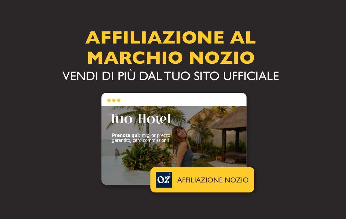 Sfondo scuro, testo in italiano: Affiliate marketing con il marchio Nozio. Bozza del sito web con una donna.