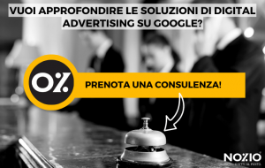 Pubblicità per soluzioni pubblicitarie digitali su Google. Include una campanella, un testo e un badge 