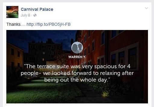 Post di Facebook del Carnival Palace con la recensione di un cliente su una spaziosa suite con terrazza.