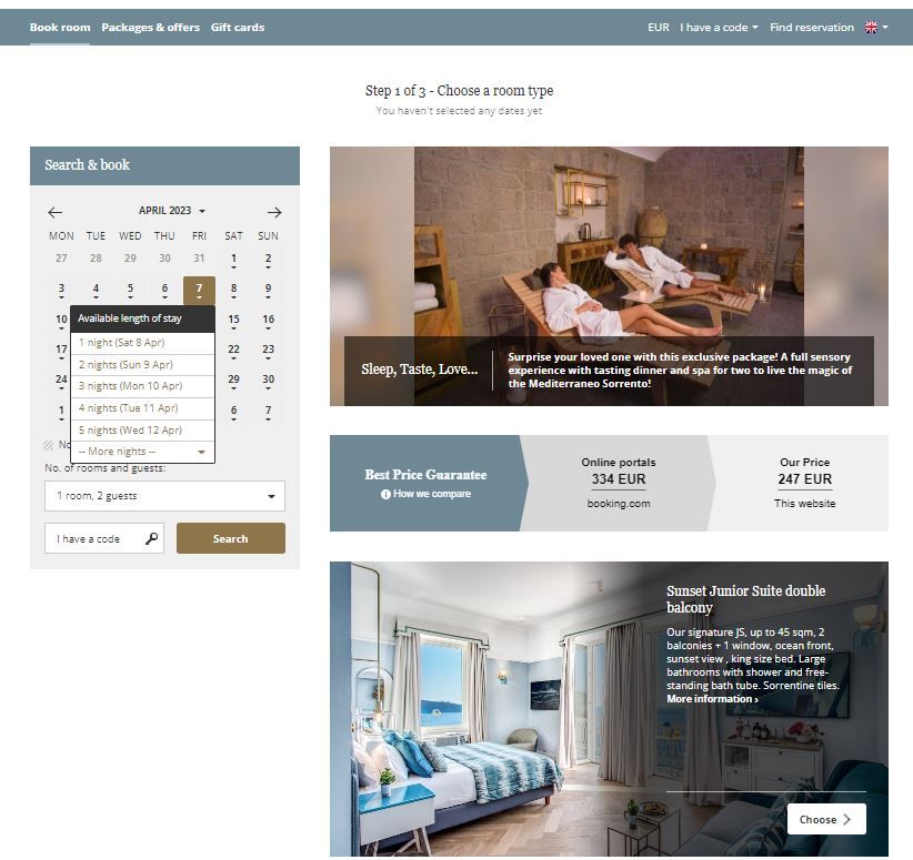 Interfaccia di prenotazione che mostra un calendario per selezionare date, tipologie di camere e servizi.
