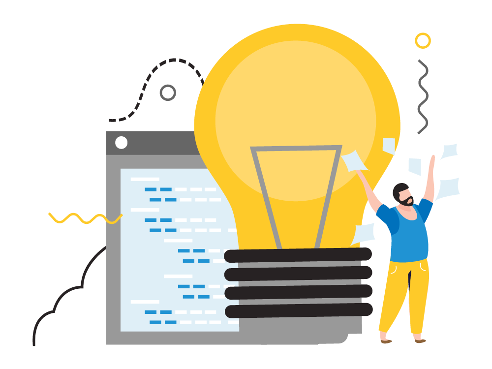 Uomo che fa brainstorming, lampadina gialla, schermo di computer con codice, post-it volanti e forme astratte.