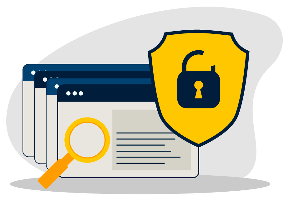 Finestre del browser Web, lente di ingrandimento e simbolo del lucchetto aperto sullo scudo.
