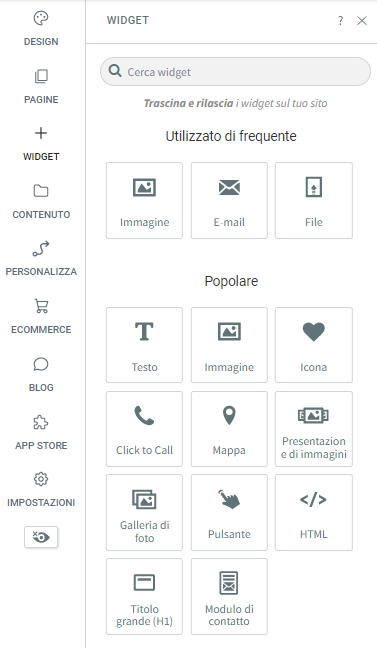 Screenshot di un pannello di selezione dei widget, che mostra opzioni come immagini, testo e moduli di contatto.