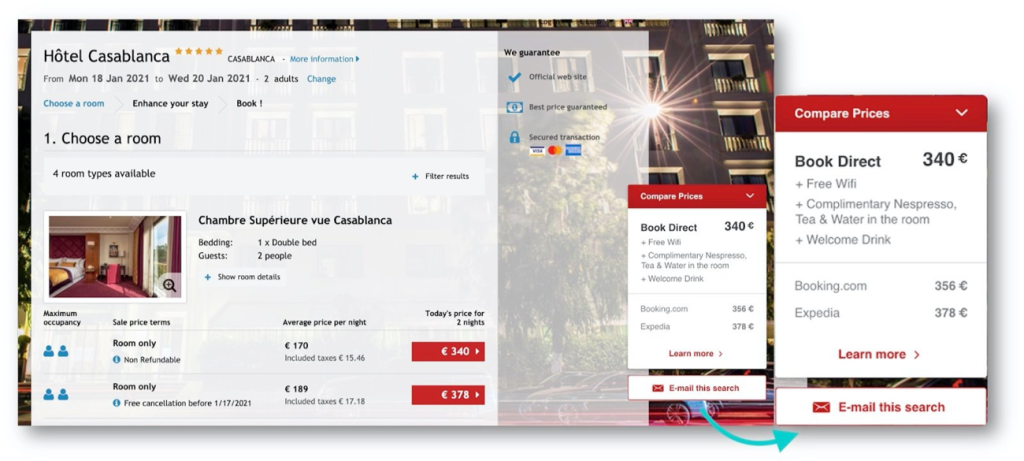 Screenshot di un sito web di prenotazione alberghiera, con finestre pop-up che mostrano i prezzi dettagliati