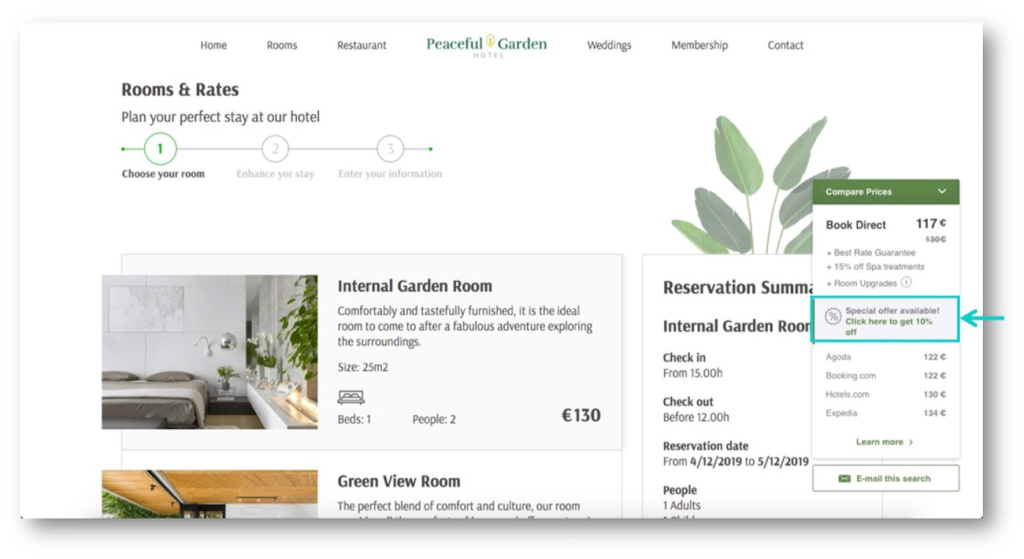 Pagina web con l'elenco delle camere d'albergo, incluso un riepilogo della prenotazione e la ripartizione dei prezzi.