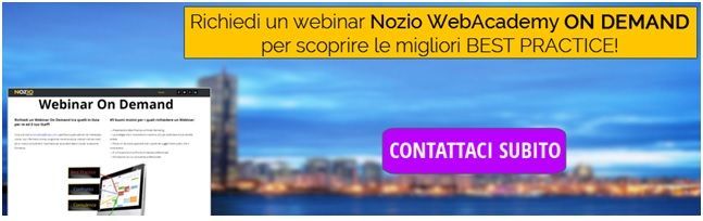 Pubblicità per un webinar, banner blu e giallo, pulsante viola 