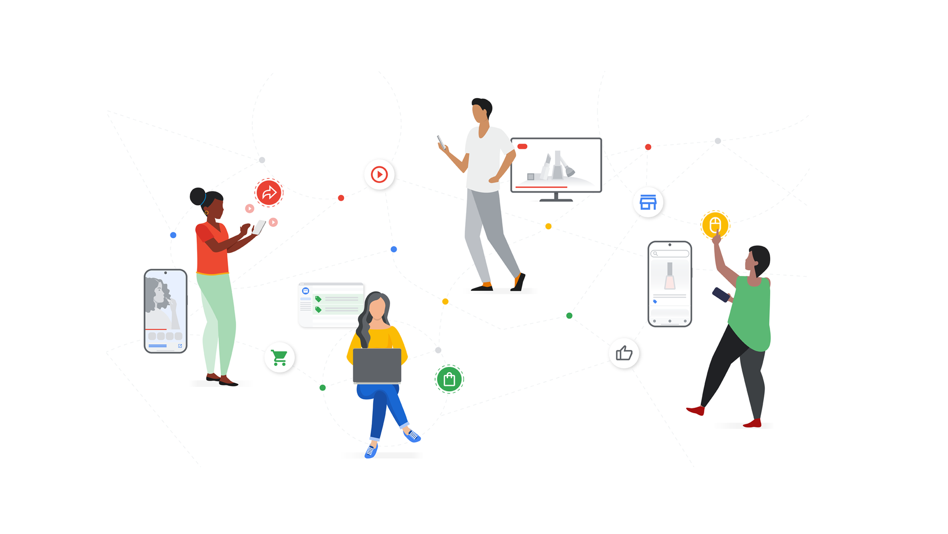 Persone che collaborano utilizzando la tecnologia: telefono, computer portatile, schermo, icone, su sfondo bianco.