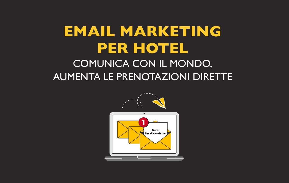 Grafica per email marketing per hotel. Computer portatile con notifiche email, sfondo scuro, testo giallo.