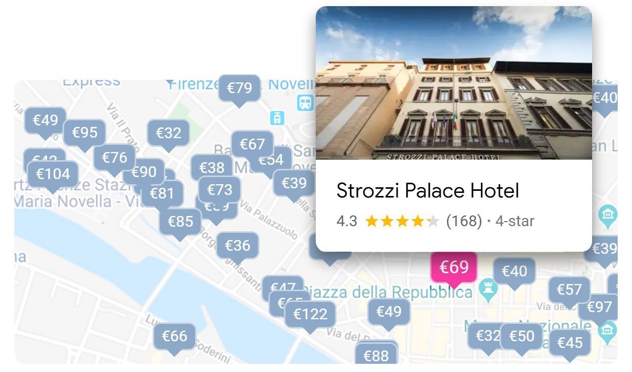 Mappa di Firenze con indicatori dei prezzi degli hotel, uno dei quali mostra l'Hotel Strozzi Palaco, costo 69 €, con foto.