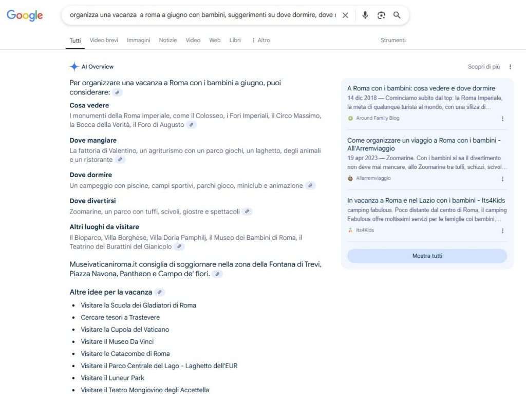 Pagina dei risultati di ricerca di Google che mostra i risultati della ricerca e le domande suggerite.