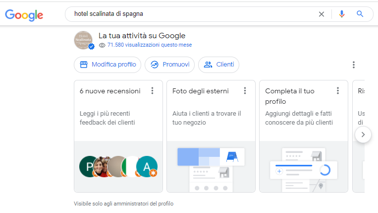 Pagina Google My Business di un hotel, che mostra le opzioni di gestione delle recensioni e del profilo.