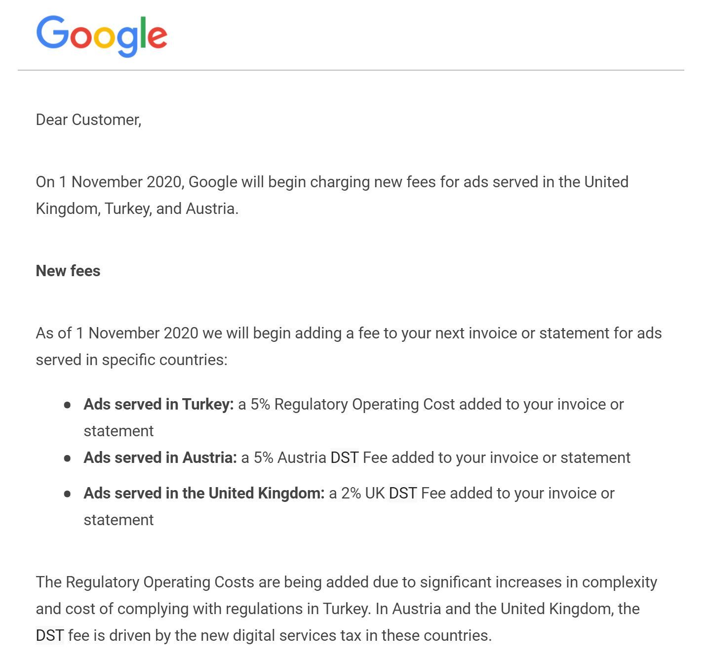 Email da Google che annuncia nuove tariffe per gli annunci pubblicati nel Regno Unito.