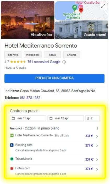 Risultati della ricerca Google per Hotel Mediterraneo Sorrento, che mostrano il confronto dei prezzi