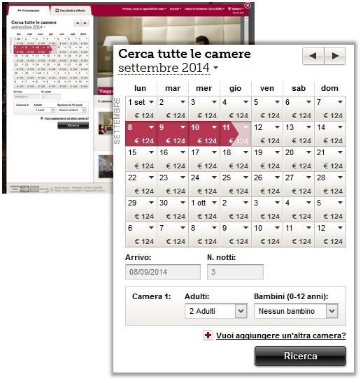 Calendario delle prenotazioni che mostra la disponibilità delle camere e le opzioni di ricerca.
