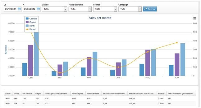 Grafico delle vendite mensili con grafici a barre e a linee che mostrano l'andamento delle vendite per varie categorie.