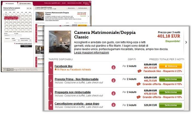 Interfaccia di prenotazione delle camere d'albergo che mostra le opzioni, i prezzi e la disponibilità delle camere