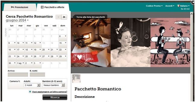 Sito web con modulo di ricerca per pacchetti romantici, calendario e visualizzazione di immagini romantiche.