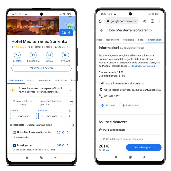 Due smartphone mostrano i risultati di ricerca di Google per l'Hotel Mediterraneo Sorrento.