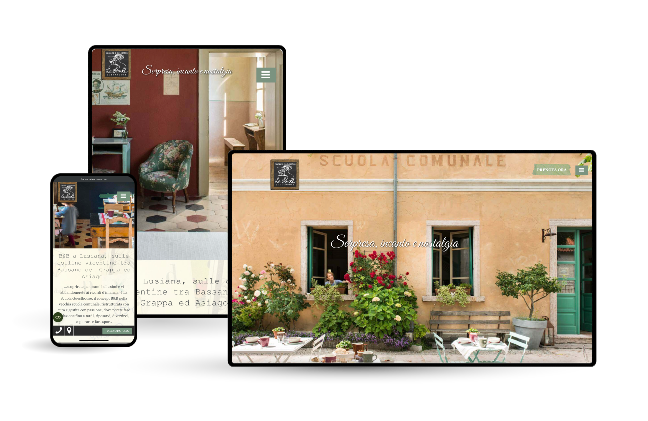 Tre dispositivi che visualizzano un sito web di viaggi: un telefono, un tablet con immagini architettoniche