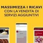Massimizza i guadagni con la vendita di servizi aggiuntivi. Sfondo giallo con screenshot di smartphone.