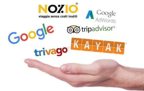 Mano che regge i loghi dei siti web di prenotazione viaggi, tra cui Google, TripAdvisor, Kayak, Trivago.