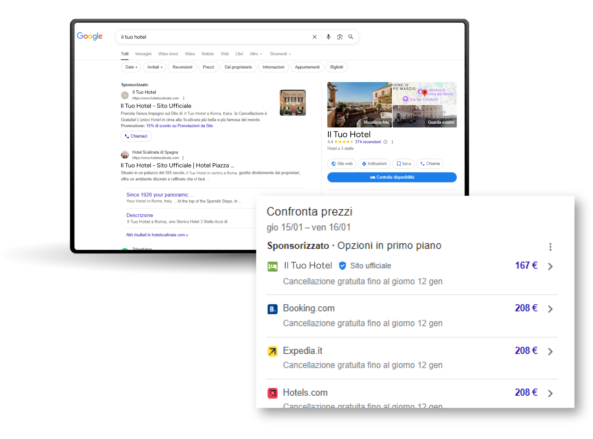 Visualizzazione di un annuncio metasearch per hotel su Google Hotel Ads