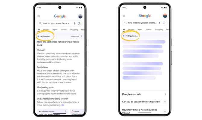 Due smartphone mostrano i risultati di ricerca di Google. A sinistra un elenco, a destra un contenuto sfocato.