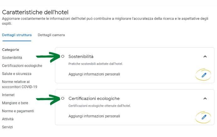 Screenshot della pagina dei dettagli dell'hotel che evidenzia le certificazioni di sostenibilità ed ecosostenibilità