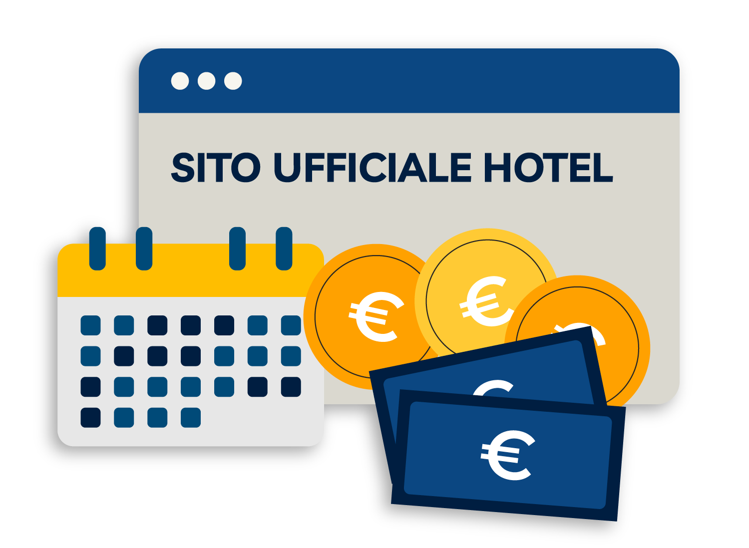 Calendario, sito web, monete e banconote che promuovono il sito ufficiale dell'hotel con valuta.