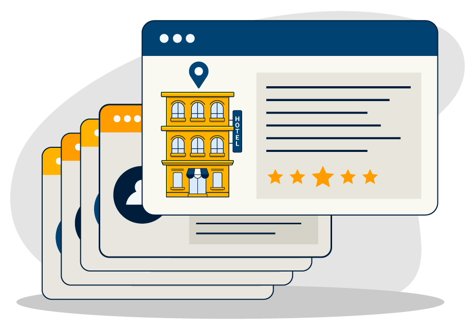 Elenco dell'hotel su un sito web con grafica dell'edificio, segnaposto e classificazione a stelle.