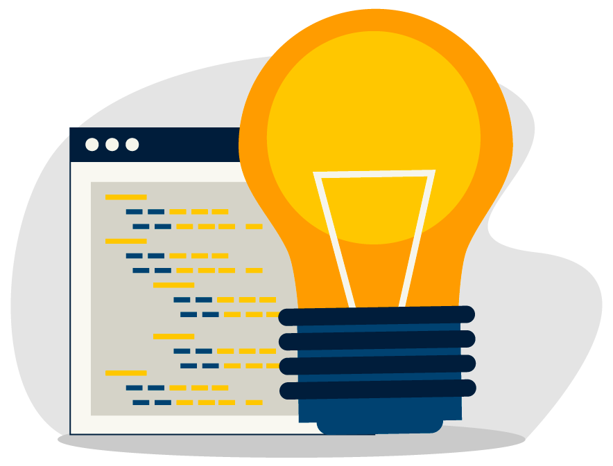 Lampadina accanto allo schermo di un computer che mostra un codice, suggerendo un'idea di programmazione.