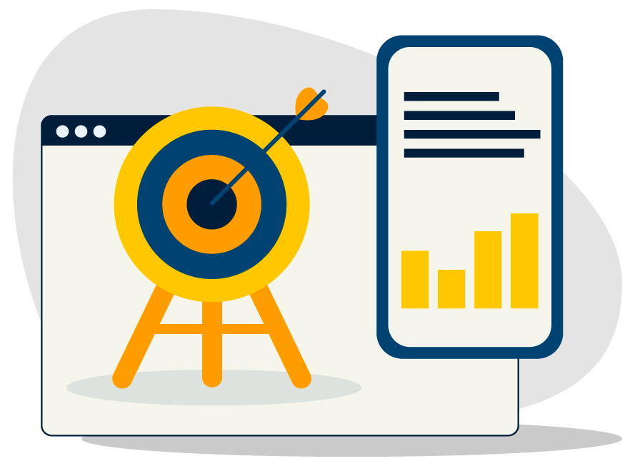 Tabellone con bersaglio e uno smartphone che mostra diagrammi e grafici.