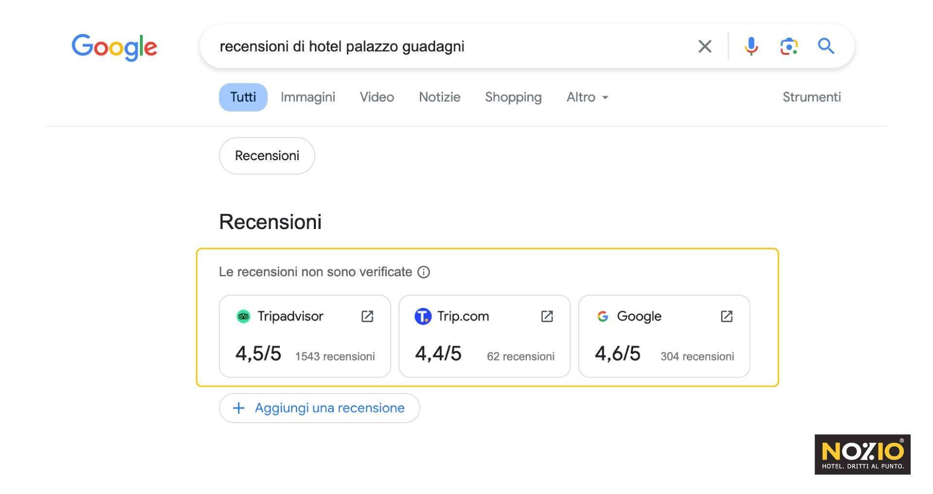 Risultati di ricerca di Google che mostrano recensioni di ristoranti. Valutazione complessiva 4,6/5 con valutazioni
