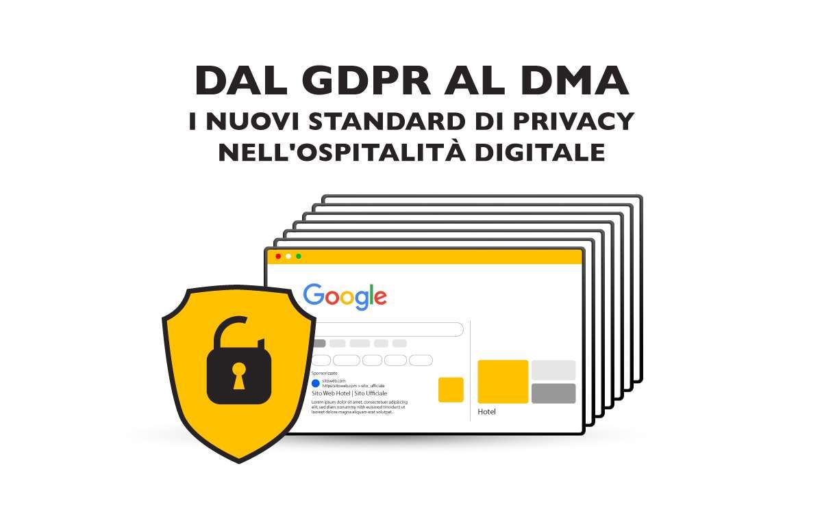 Immagine che promuove i nuovi standard sulla privacy dell'ospitalità digitale, con una finestra del browser Google