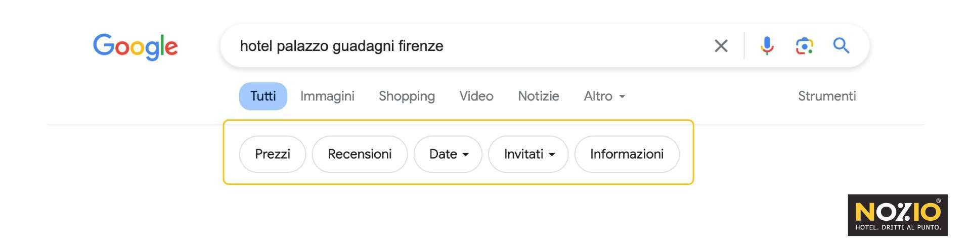 Risultati di ricerca di Google che mostrano parole chiave e filtri correlati a
