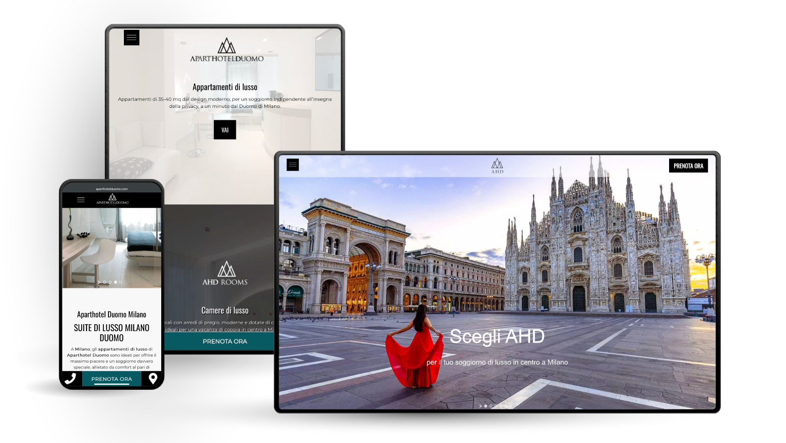 Sito web su telefono, tablet e desktop che mostra una donna con un abito rosso di fronte al Duomo di Milano.