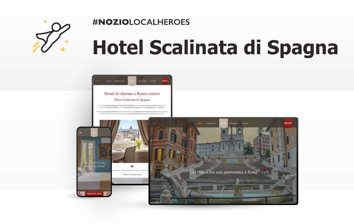 Sito web dell'Hotel Scalinata di Spagna visualizzato su diversi dispositivi. Testo e logo, incluso
