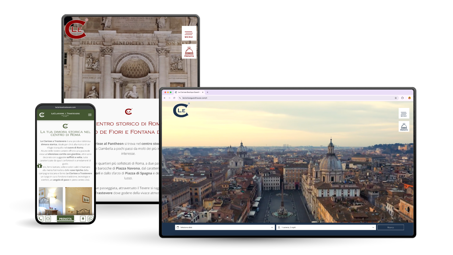 Tre dispositivi che visualizzano un sito web di viaggi: un telefono, un tablet con immagini architettoniche