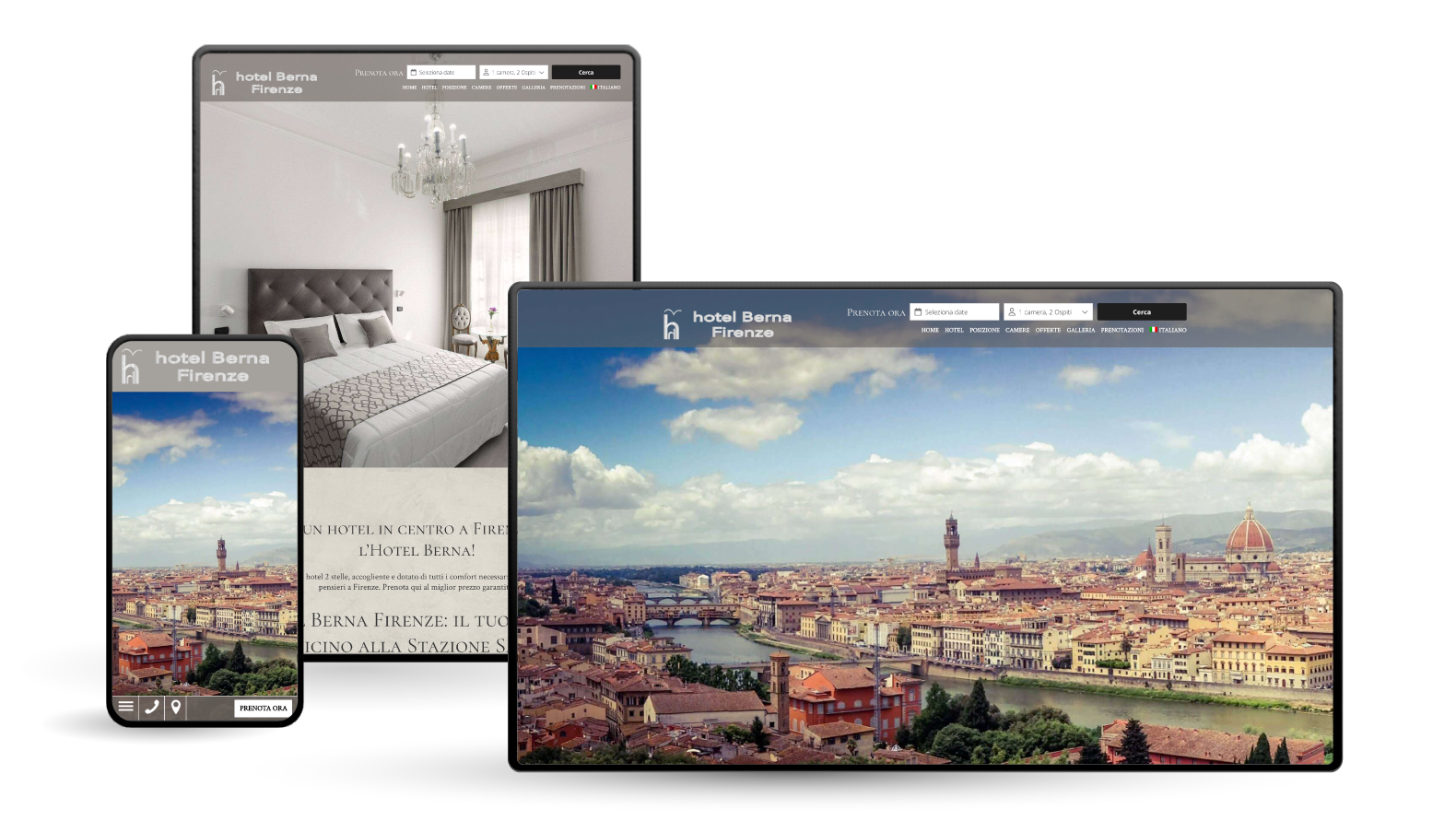 Tre dispositivi che visualizzano un sito web con viste della città e interni di camere d'albergo.