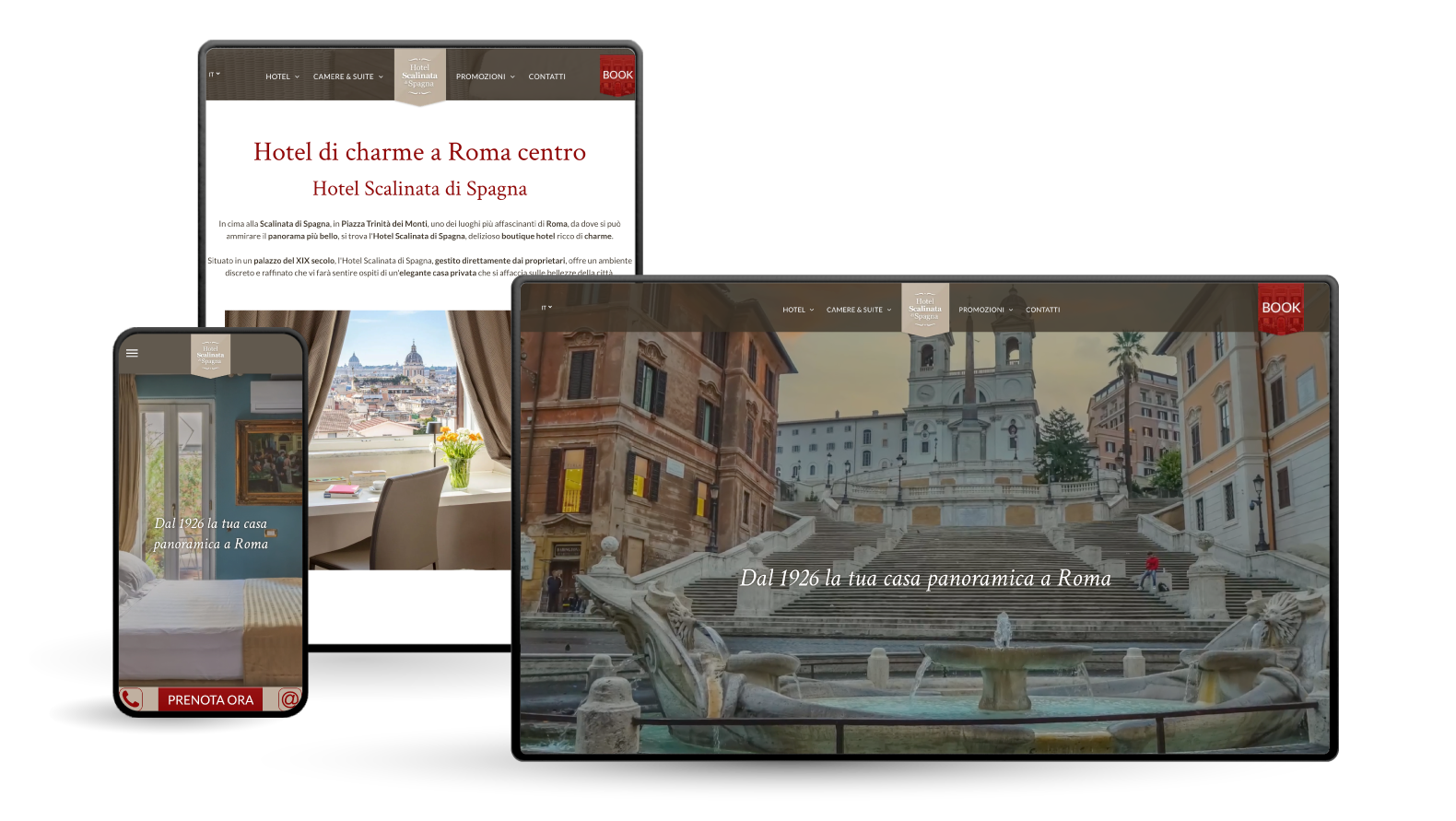 Bozza di sito web su telefono, tablet e computer che mostra monumenti romani e viste interne.