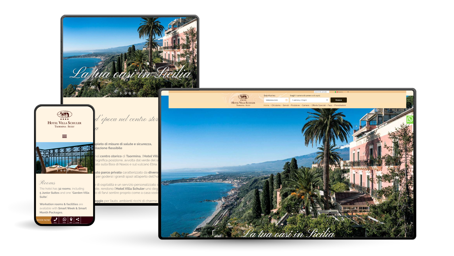 Progettazione del sito web visualizzata su telefono, tablet e desktop, che presenta un resort costiero con vista.