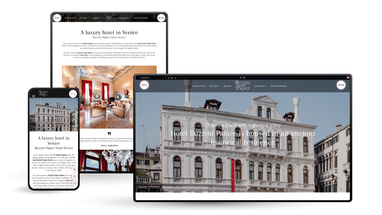 Sito web visualizzato su telefono, tablet e laptop; presenta un edificio a Venezia e i contenuti del sito web.